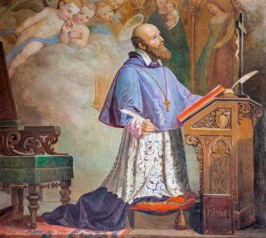 CATANIA, İTALYA - 8 Nisan 2018: Kilisedeki Aziz Francis de Sales tablosu (1937)).