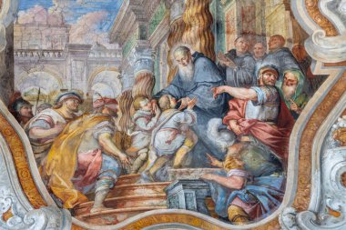 CATANIA, ITALY - 7 Nisan 2018: Giovanni Tuccari 'nin Chiesa di San Benedetto kilisesindeki Saint Benedict' in canlı kasa freski (1667-1743)).