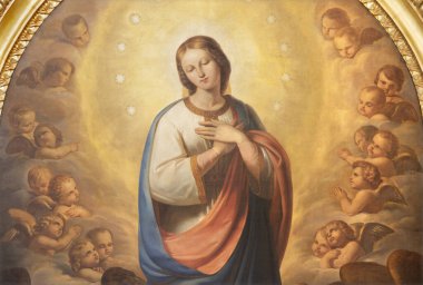 CATANIA, ITALY - 7 Nisan 2018: Kilisedeki Chiesa di San Agostino 'nun kusursuz gebelik tablosu (1820)).