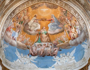 CATANIA, İtalya - 7 Nisan 2018: Cattedrale di Sant 'Agata' da Bakire Meryem 'in Taç Giyme Töreni freski Giovanni Battista Corradini (1628)).