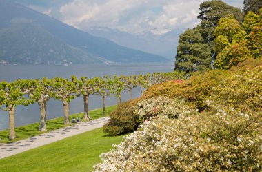 BELAGGIO, İtalya - 10 Mayıs 2015 Como Gölü 'nün rıhtımındaki Villa Melzi ve bahçeleri.