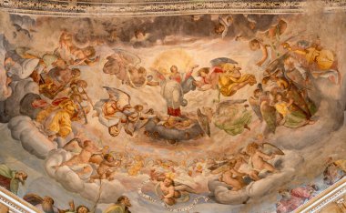 COMO, ITALY - 8 Mayıs 2015: Vincenzo de Bernardi da Claino 'nun kilise Bazilikası' nda Meryem Ana 'nın Hükmü Freski (1846)).