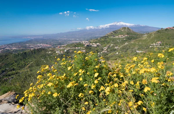Taormina Stigen Mellan Vårens Medelhavsblommor Och Etna Vulkan — Stockfoto
