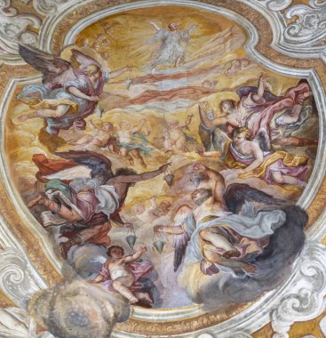 CATANIA, İtalya - 7 Nisan 2018: Giovanni Tuccari 'nin Chiesa di San Benedetto kilisesinde Aziz Benedict' in Apotheosis Kasası freski (1667-1743)).