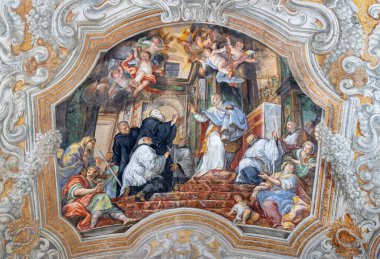 CATANIA, ITALY - 7 Nisan 2018: Giovanni Tuccari 'nin Chiesa di San Benedetto kilisesindeki Saint Benedict' in canlı kasa freski (1667-1743)).