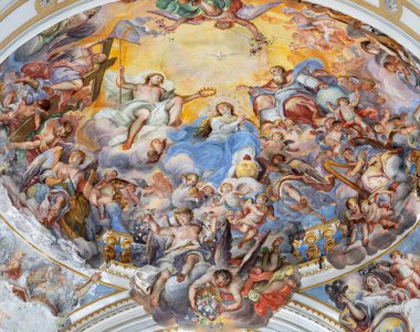 CATANIA, İtalya - 7 Nisan 2018: Giovanni Tuccari 'nin Chiesa di San Benedetto kilisesinde Meryem Ana' nın Taç Giyme Töreni freski (1667-1743)).
