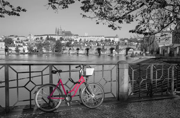 布拉格 查尔斯桥 城堡和大教堂的出租自行车 — 图库照片