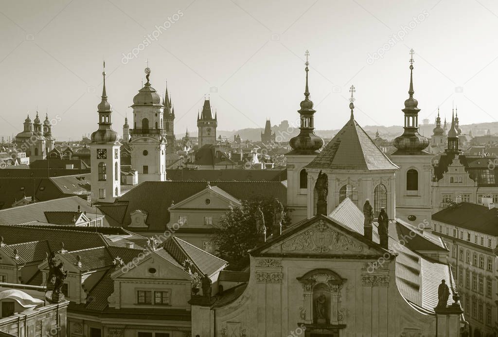 Prague - The Old Town from east tower of Charles bridge with the Klementinum - St. Salvator church.