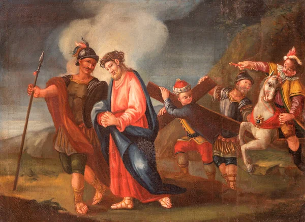 Malcesine Italy June 2019 Painting Simon Cyrene Helps Jesus Carry — Stock Photo, Image