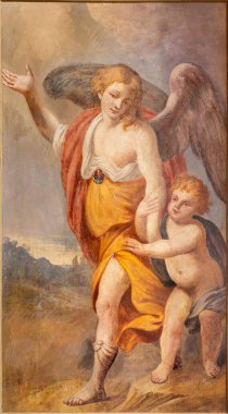 MENAGGIO, ITALY - 8 Mayıs 2015: Luigi Tagliaferri 'nin Chiesa di Santo Stefano kilisesinde Koruyucu Melek freski (1841-1927)).