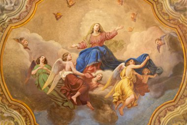 COMO, ITALY - 8 Mayıs 2015: Gaetano Barabini 'nin Santuario del Santissimo Crocifisso kilisesinde Bakire Meryem' in Assumption of tavanı (19cent..).