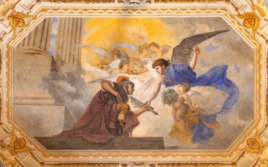COMO, ITALY - 9 Mayıs 2015: Giampaolo Recchi ailesinden ressam Chiesa di San Andrea Apostolo (Brunate) kilisesindeki Aziz Maurice freski (1679)).
