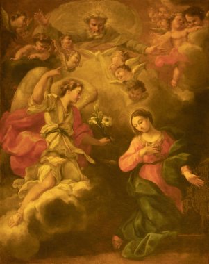 ACIREALE, ITALY - 11 Nisan 2018: Duomo 'daki Annunciation tablosu - kattedrale di Maria Santissima Annunziata by Antonio Filocamo (1711)).