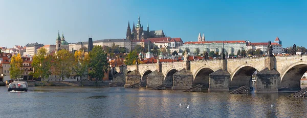 Praga Panorama Del Puente Carlos Castillo Catedral Con Río Moldava —  Fotos de Stock