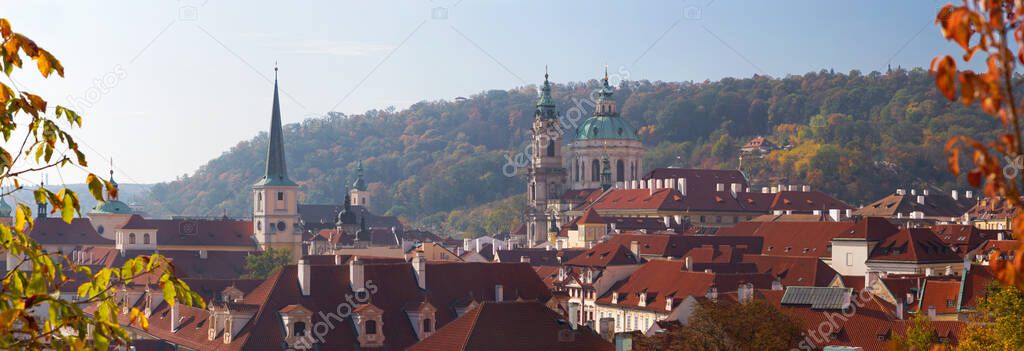 Prague - The panoramic view from the gardens under the Castle to Mala Strana, St. Nicholas, and St. Thomas church.
