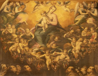 ACIREALE, ITALY - 11 Nisan 2018: Antonio Catalano 'nun Duomo' daki melekler, Fransisken ve Dominik azizleri arasında Meryem Ana 'nın resminin ayrıntıları (1600)).