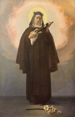 REGGIO EMILIA, ITALY - APRIL 12, 2018: The painting of Teresa of vila (Theresa of Jesus) in church Chiesa dei Cappuchini rom 20. cent clipart