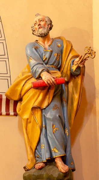 Zaragoza Spain March 2018 Polychome Carved Statue Peter Apostle Church — Stock Photo, Image