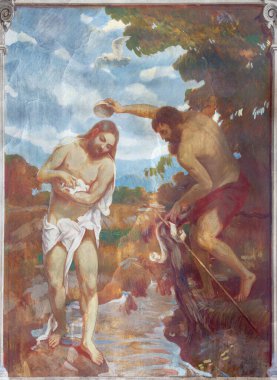 PARMA, İtalya - 17 Nisan 2018: Chiesa di San Bartolomeo Kilisesi 'ndeki Jeus Vaftizinin freski.