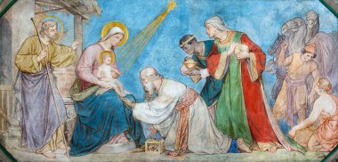 PRAG, CZECH REPUBLIC - 17 Ekim 2018: The fresco of Adoration of Magi the church kostel Svatho Cyrila Metodeje by Petr Maixner (1868)