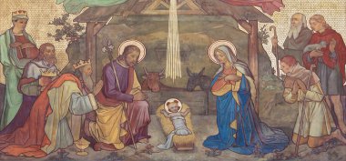 PRAG, CZECH REPUBLIC - 17 Ekim 2018: The fresco of Adoration of Magi and Intivity in the church kostel Svateho Cyrila Metodeje muhtemelen Gustav Miksch ve Antonin Krisan (19cent..).