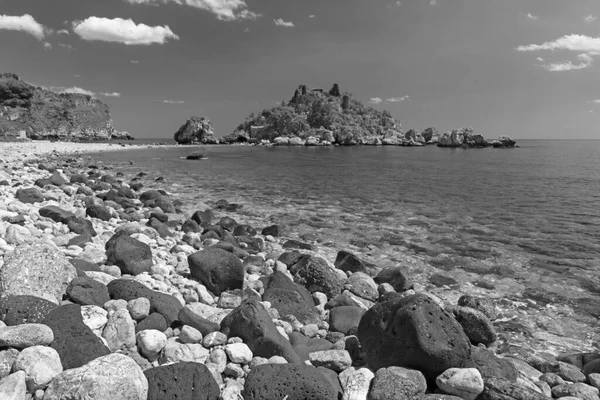 Taormina Hermosa Isla Pequeña Isola Bella Playa Con Las Piedras — Foto de Stock