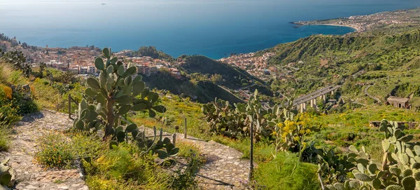 Taormina Stigen Bland Vårens Medelhavsblommor Och Kaktus Sicilien — Stockfoto