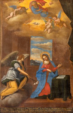 TAORMINA, İtalya - 9 Nisan 2018: Kilisedeki Annunciation tablosu (Chiesa di San Giuseppe - Dominic Chiarello)).