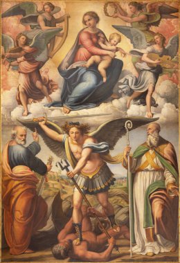 BOLOGNA, İTALYA - 3 Şubat 2020: Başmelek Mikail 'le Madonna' nın resmi ve Bosco San Michele Kilisesi 'ndeki azizler (1490 - 1550)).
