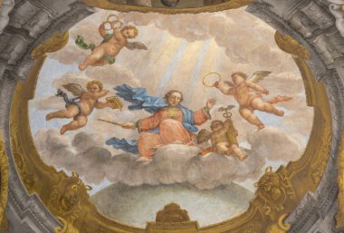 FERRARA, ITALY - 30 HAZİRAN 2020: Madonna 'nın heykelciği kilise Bazilikası di San Giorgio fuori le mura' nın tavanından Francesco Ferrari 18 cent..