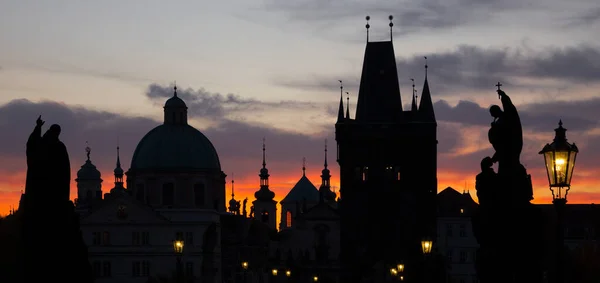 Praghe Silhouette Pont Charles Lever Soleil — Photo