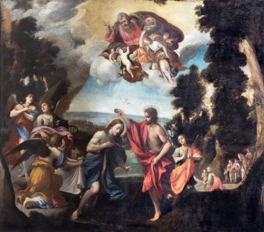 RAVENNA, İTALYA - 28 HAZİRAN 2020: Kilisedeki İsa 'nın Vaftizinin barok resmi Chiesa di Santa Maria Maggiore.
