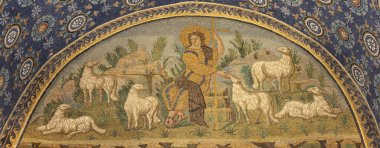 RAVENNA, ITALY - JANUARY 28, 2020: The mosaic of Jesus as the Good Shepherd  in the Mausoleo di Galla Placidia from the 5. cent. clipart