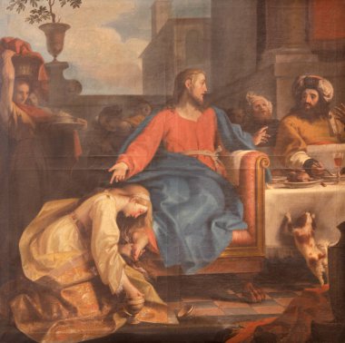 RAVENNA, İtalya - 28 HAZİRAN 2020: The Dinner of Jesus by Simon the Pharisee from the chruch Chiesa di Santa Maria Maddalena by Tommaso Maria Sciacca (1734 - 1795)).