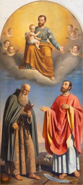 MALCESINE, İTALYA - 13 Haziran 2019: St. Joseph, St. Anthony the Abbot ve St. Valentine in church Chiesa di Santo Stefano by Angelo Recchia (1862)).
