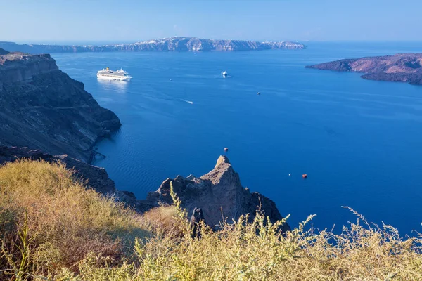Santorini Panorama Sobre Los Acantilados Caldera Con Los Cruceros Isla — Foto de Stock