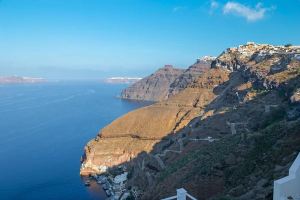 Santorini Panorama Över Fira Och Firostefani Morgonen — Stockfoto
