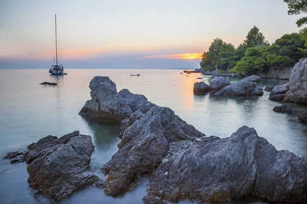 Croacia Puesta Sol Desde Costa Península Peliesac Cerca Zuliana — Foto de Stock