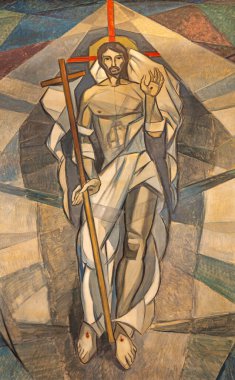 BARCELONA, SPAIN - 5 Mart 2020: Resureted Lord in church Santuario Maria Auxiliadora i Sant Josep by Fidel Trias Pages and Raimon Roca (1966)).