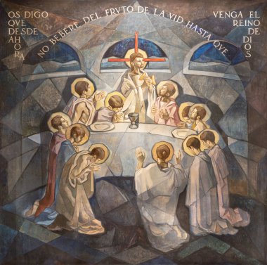 BARCELONA, SPAIN - MARCH 5, 2020: The modern fresco of Last supper in church Santuario Maria Auxiliadora i Sant Josep by Fidel Trias Pages and Raimon Roca (1966). clipart