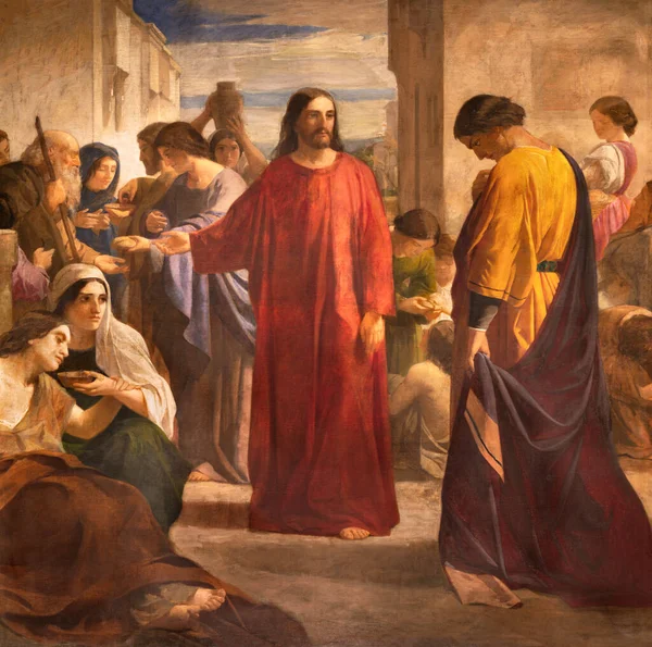 Barcelona Spain March 2020 Painting Jesus Rich Young Man Church — Stock Photo, Image