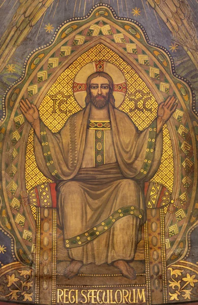 Barcelone Espagne Mars 2020 Fresque Jésus Pantokrator Dans Église Esglesia Photos De Stock Libres De Droits