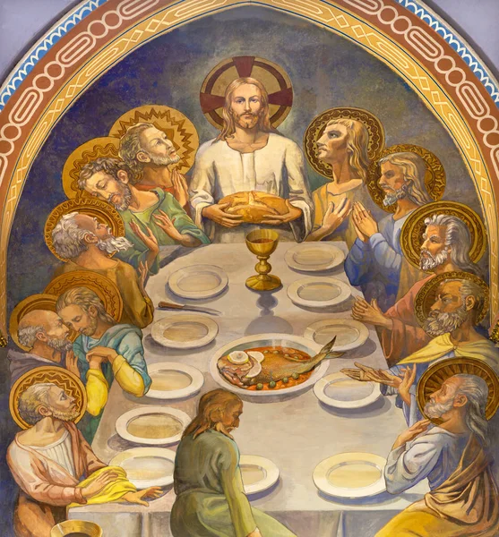 Barcelona España Marzo 2020 Fresco Moderno Última Cena Iglesia Sant — Foto de Stock