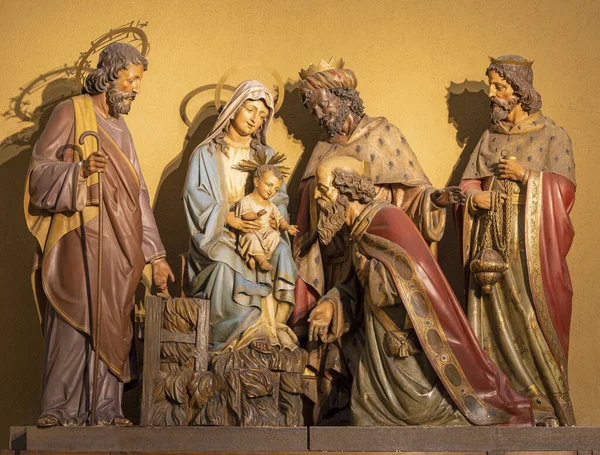 Barcelona Spain March 2020 Three Magi Carved Sculptural Group Chruch — Stock Photo, Image