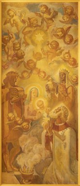 BARCELONA, İspanya - 3 Mart 2020: Francesc Labarta 'nın Santuario Nuestra del Sagrado Corazon (1960) kilisesindeki Tree Magi tablosu).