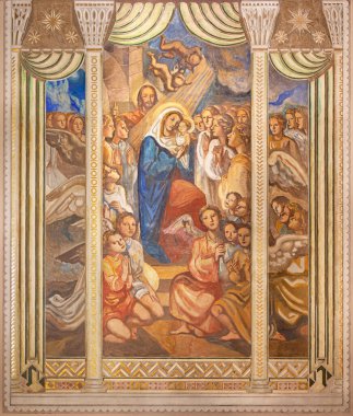BARCELONA, SPAIN - 3 Mart 2020: The fresco of Madonna within the church Parroquia Santa Teresa de l 'Infant Jesus by Francisco Labarta (20 cent..).