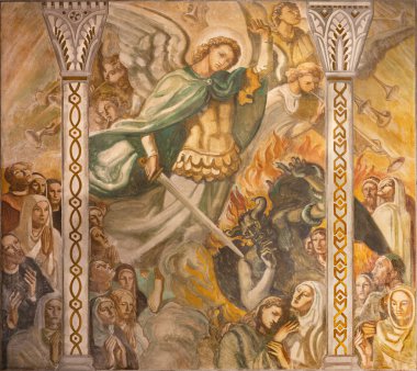 BARCELONA, SPAIN - 3 Mart 2020: İsa 'nın freski, Francisco Labarta' nın Parroquia Santa Teresa de l 'Infant Jesus kilisesindeki azizler arasındadır (20 sent..).