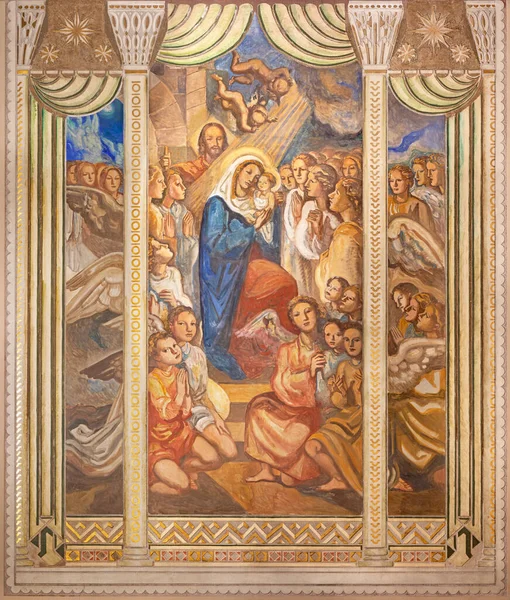 Barcelona Spain March 2020 Fresco Madonna Saints Church Parroquia Santa — Stock Photo, Image