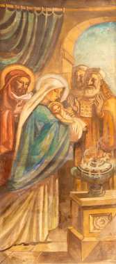 BARCELONA, SPAIN - 3 Mart 2020: Francisco Labarta 'nın Parroquia Santa Teresa de l' Infant Jesus kilisesindeki İsa 'nın freski (20 sent..).