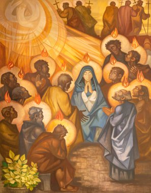 BARCELONA, SPAIN - MARCH 3, 2020: The modern painting of Pentecost in the church Santuario Nuestra Senora del Sagrado Corazon by Navarro Perez Dolz (1990). clipart